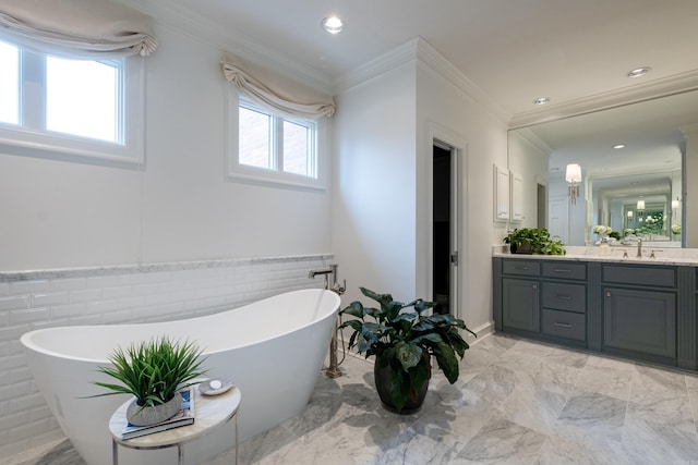 bathroom featuring plenty of natural light, vanity, and a washtub