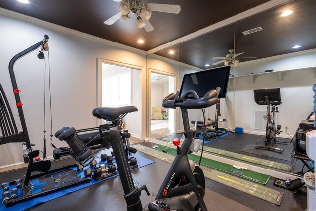 workout area with ceiling fan and ornamental molding