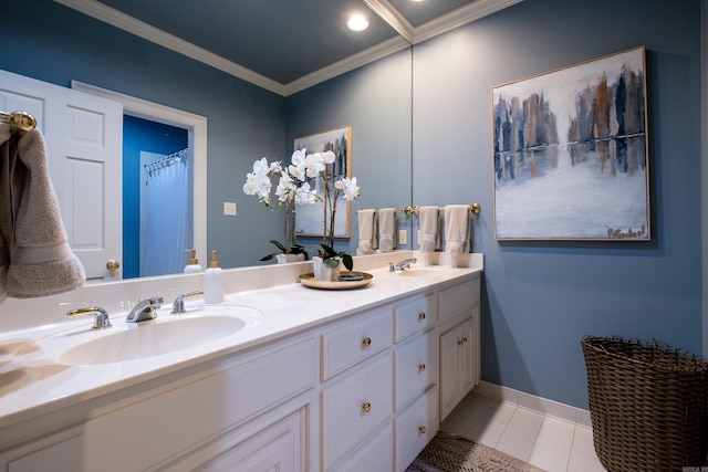 bathroom featuring vanity, ornamental molding, and tile patterned floors