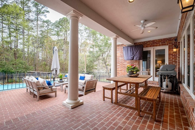 view of patio / terrace featuring a fenced in pool, an outdoor living space, ceiling fan, and a grill