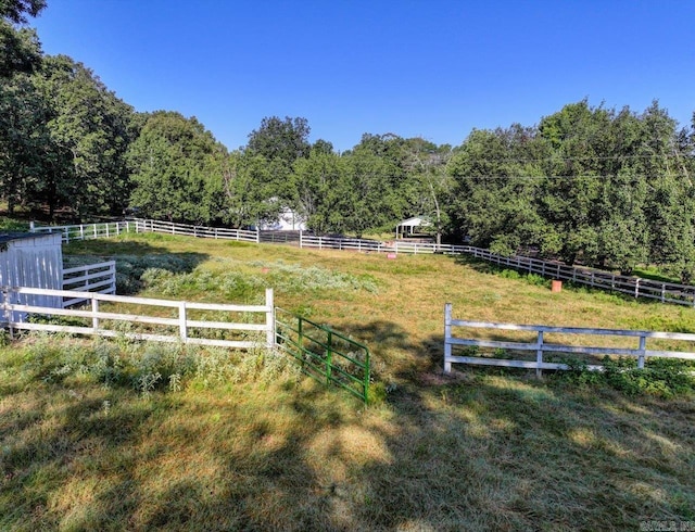 view of yard featuring a view of trees, a rural view, and fence