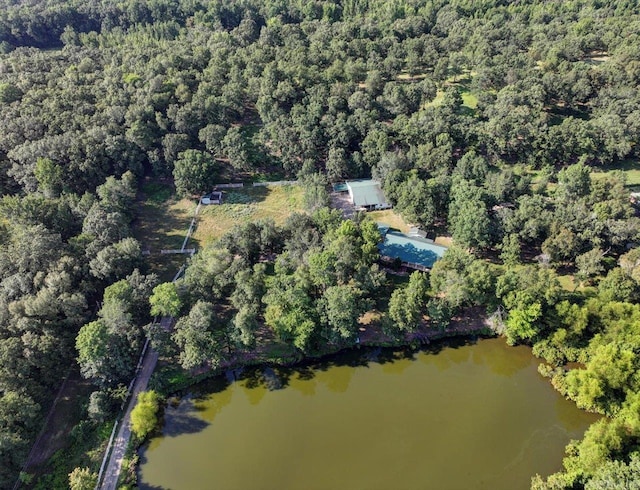 bird's eye view featuring a forest view and a water view