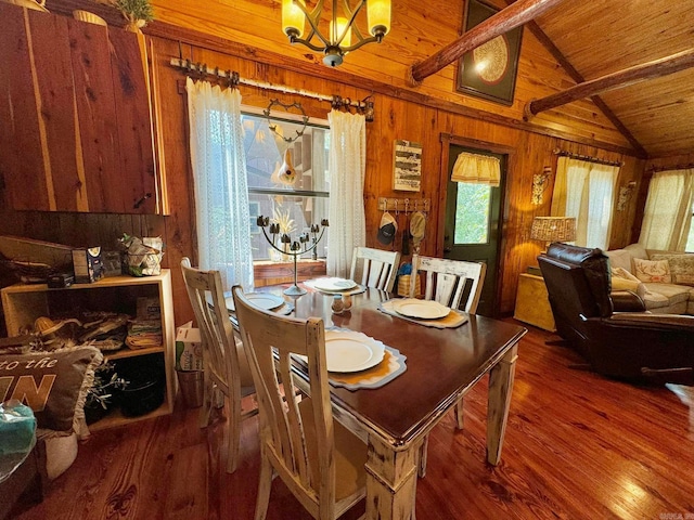 dining area featuring an inviting chandelier, wood ceiling, lofted ceiling with beams, and hardwood / wood-style floors