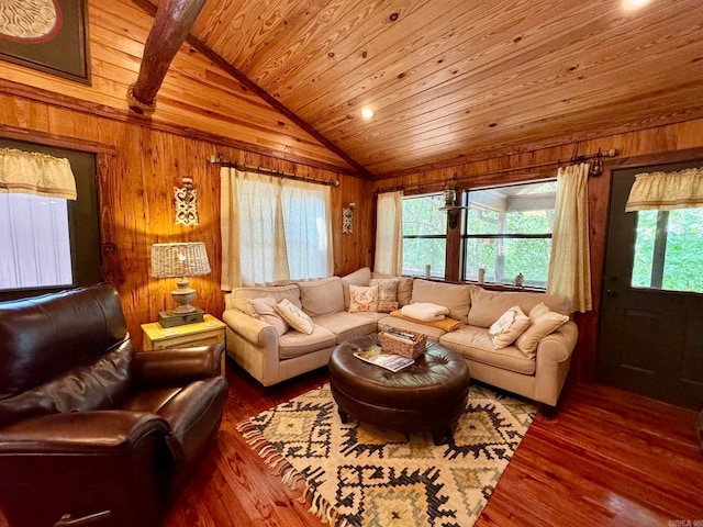 living room featuring wooden ceiling, wood walls, lofted ceiling with beams, and hardwood / wood-style flooring