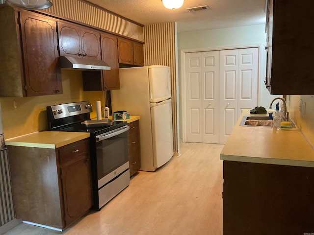 kitchen featuring dark brown cabinetry, sink, stainless steel electric range, and light hardwood / wood-style floors