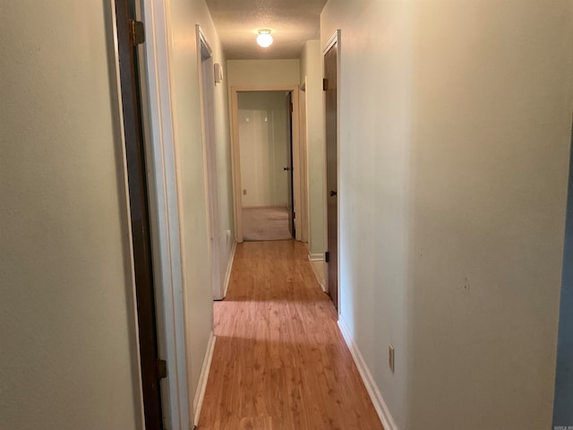 hall featuring a textured ceiling and light hardwood / wood-style floors