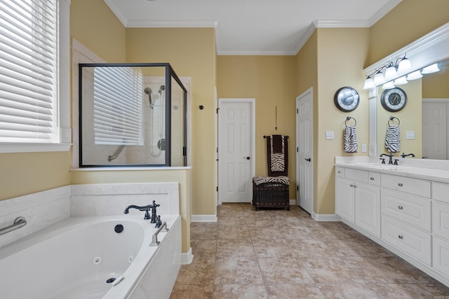 bathroom with vanity, separate shower and tub, ornamental molding, and tile patterned floors