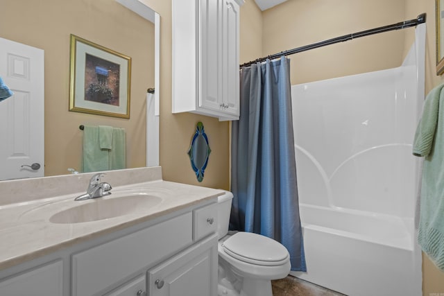 full bathroom featuring shower / bath combination with curtain, toilet, and vanity