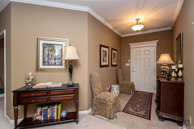 entrance foyer with crown molding and light tile patterned floors