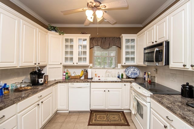 kitchen featuring white cabinetry, white appliances, crown molding, ceiling fan, and sink