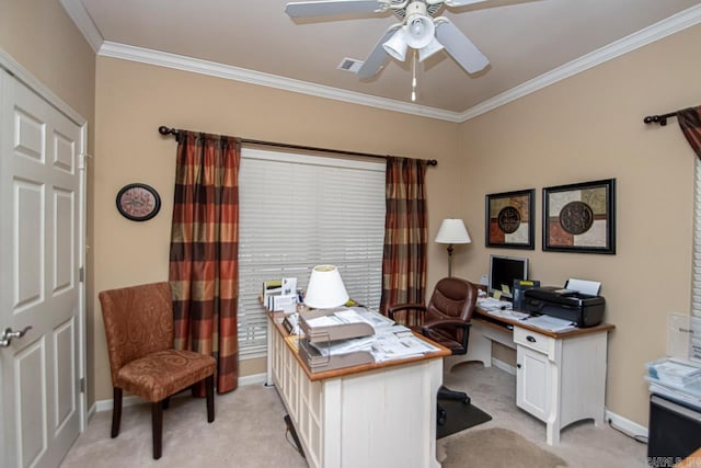 carpeted office space with ornamental molding and ceiling fan