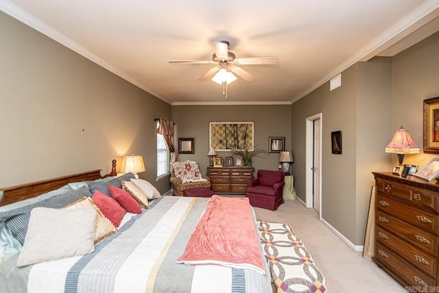 bedroom with light carpet, ceiling fan, and crown molding