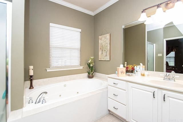 bathroom with vanity, plus walk in shower, and crown molding