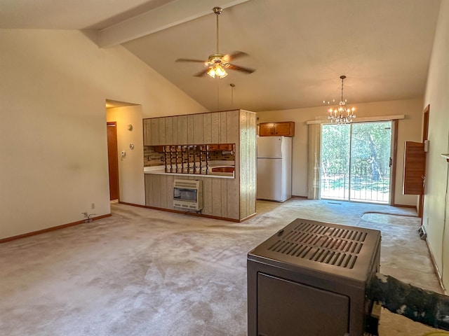 living room with beam ceiling, heating unit, high vaulted ceiling, light carpet, and ceiling fan with notable chandelier