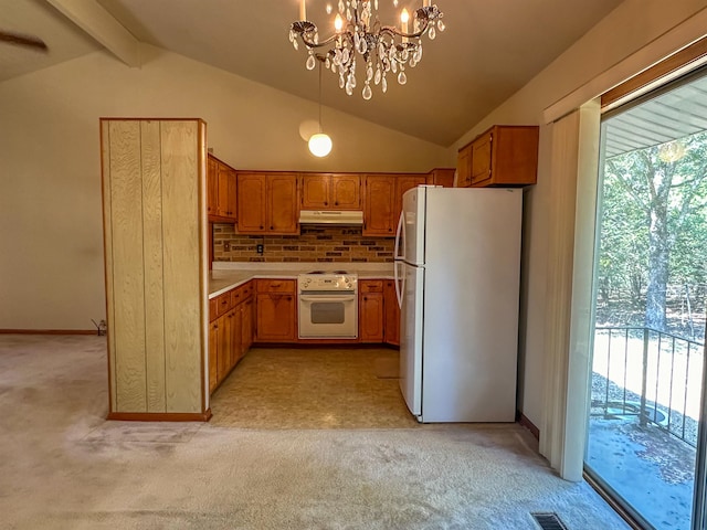 kitchen featuring lofted ceiling with beams, a wealth of natural light, an inviting chandelier, white appliances, and decorative light fixtures