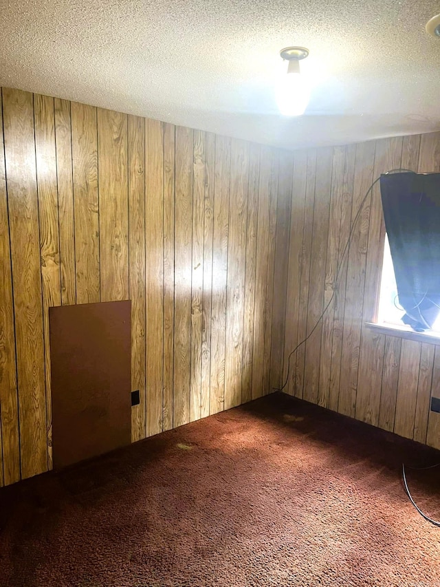 carpeted spare room featuring wood walls and a textured ceiling