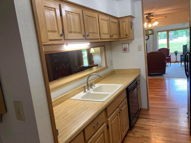 kitchen featuring ceiling fan, dishwasher, light hardwood / wood-style flooring, and sink