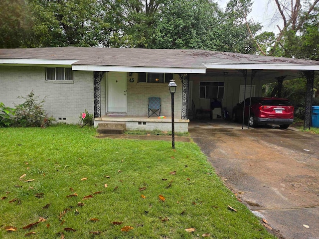 single story home with a front yard, a porch, and a carport