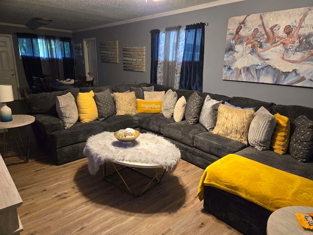 living room with a textured ceiling, hardwood / wood-style floors, and crown molding