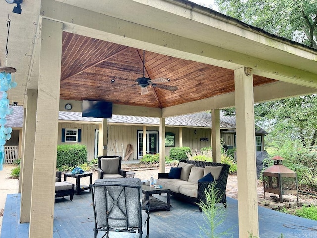 view of patio / terrace with a gazebo, an outdoor living space, and ceiling fan