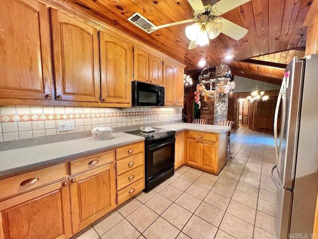 kitchen with ceiling fan, light tile patterned floors, black appliances, wooden ceiling, and vaulted ceiling