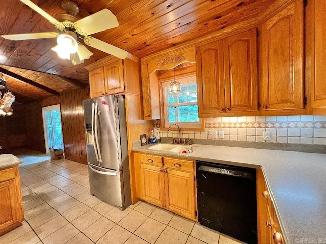 kitchen with wood ceiling, black dishwasher, ceiling fan, stainless steel refrigerator with ice dispenser, and sink