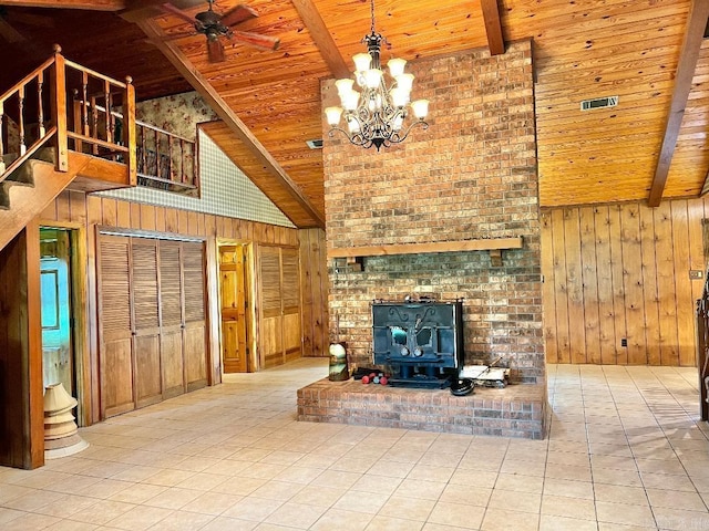 unfurnished living room with wooden ceiling, a fireplace, wooden walls, and high vaulted ceiling