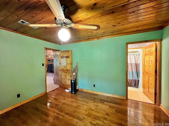 spare room featuring wooden ceiling, ornamental molding, ceiling fan, and hardwood / wood-style flooring