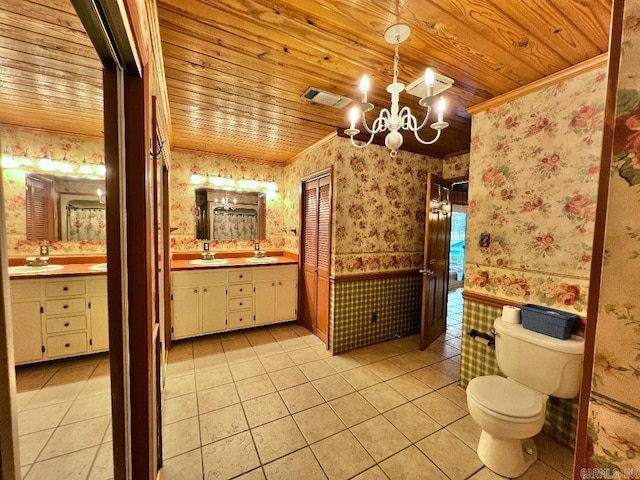 bathroom featuring tile patterned floors, wooden ceiling, vanity, and toilet