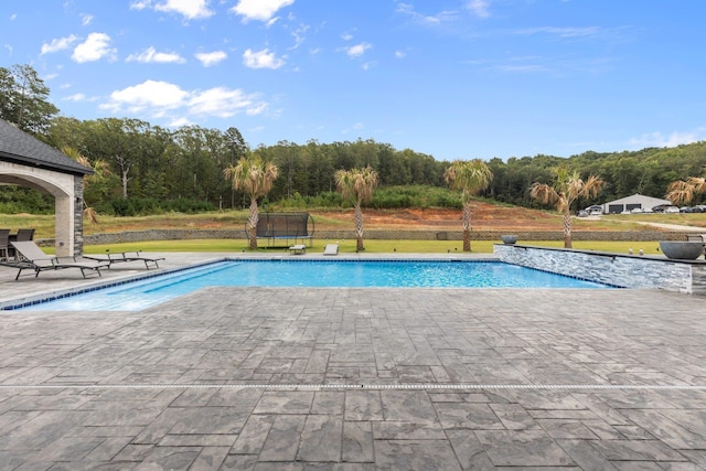 view of swimming pool with a lawn and a patio area