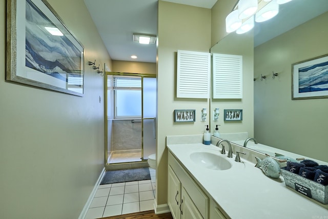 bathroom featuring tile patterned floors, walk in shower, vanity, and toilet