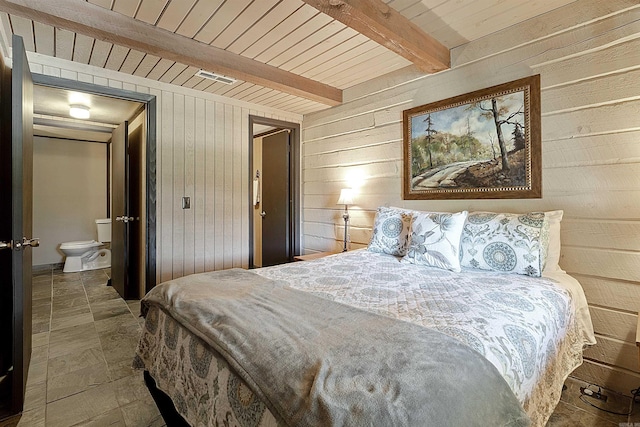 bedroom with wooden ceiling, wooden walls, and beam ceiling