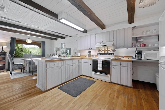 kitchen with light hardwood / wood-style flooring, white appliances, white cabinetry, and hanging light fixtures