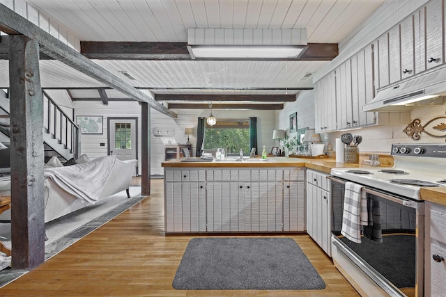 kitchen with beamed ceiling, custom exhaust hood, white cabinetry, range with electric stovetop, and light wood-type flooring