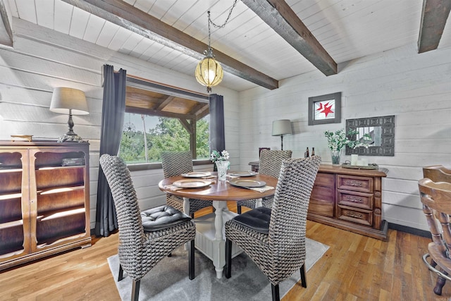 dining room with wood-type flooring, wood ceiling, wooden walls, and beamed ceiling