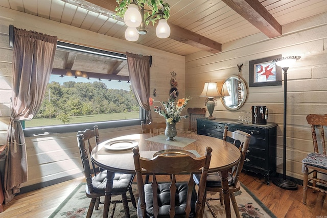 dining room with beamed ceiling, hardwood / wood-style flooring, wood walls, and wooden ceiling