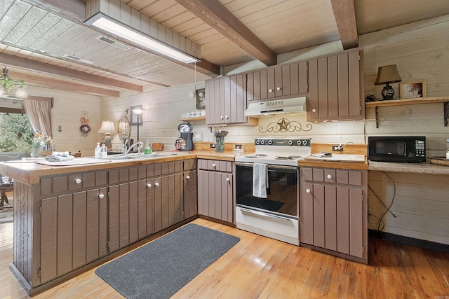 kitchen featuring white range with electric cooktop, beamed ceiling, light hardwood / wood-style floors, and kitchen peninsula