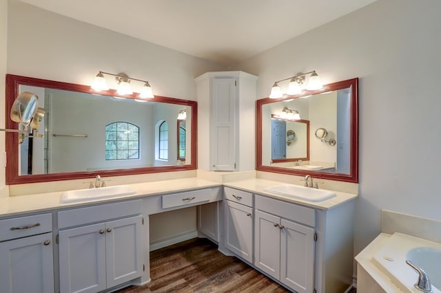 bathroom with wood-type flooring, vanity, and a bathing tub