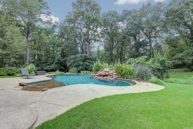 view of pool with a yard and a patio area