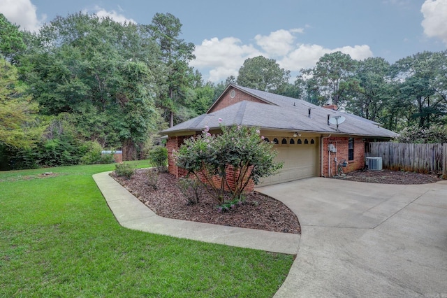 view of property exterior featuring a lawn, a garage, and central air condition unit