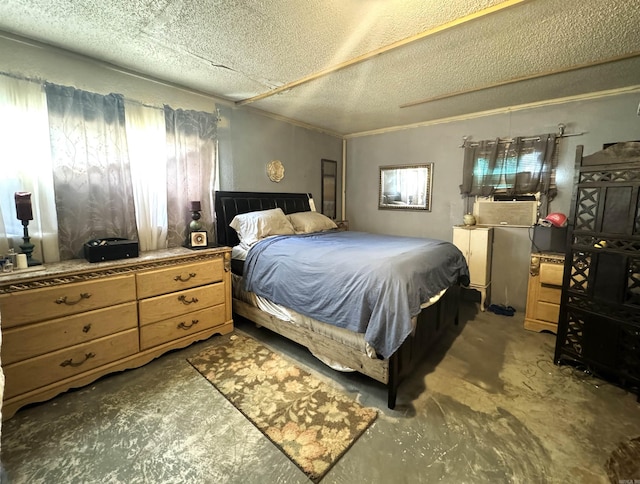 bedroom with ornamental molding and a textured ceiling