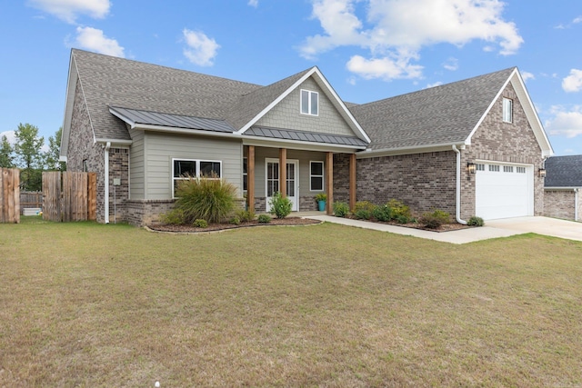 craftsman house with a garage, a porch, and a front lawn