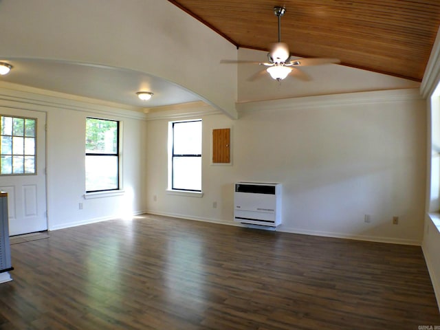 unfurnished living room with wooden ceiling, crown molding, ceiling fan, and dark wood-type flooring