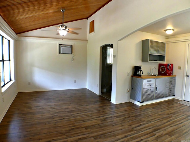 kitchen featuring ceiling fan, dark hardwood / wood-style floors, and a healthy amount of sunlight