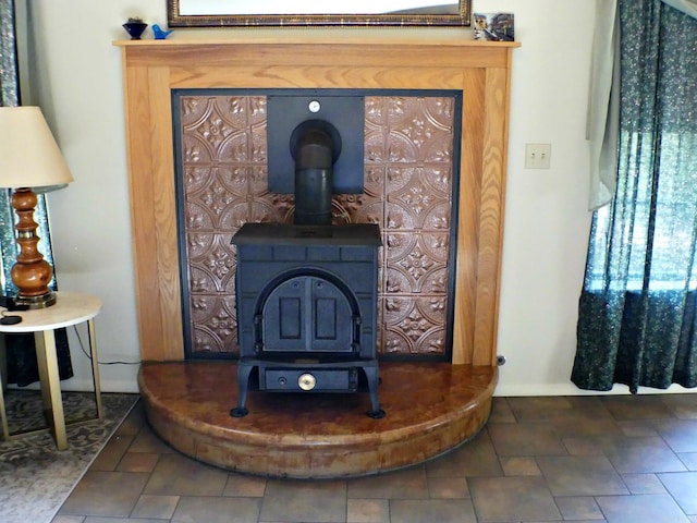 interior details with a wood stove