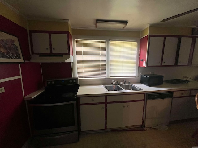 kitchen with ornamental molding, electric stove, dishwasher, and sink