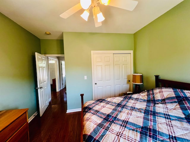 bedroom featuring ceiling fan, a closet, and dark hardwood / wood-style flooring