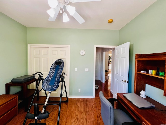 office space with ceiling fan and hardwood / wood-style floors