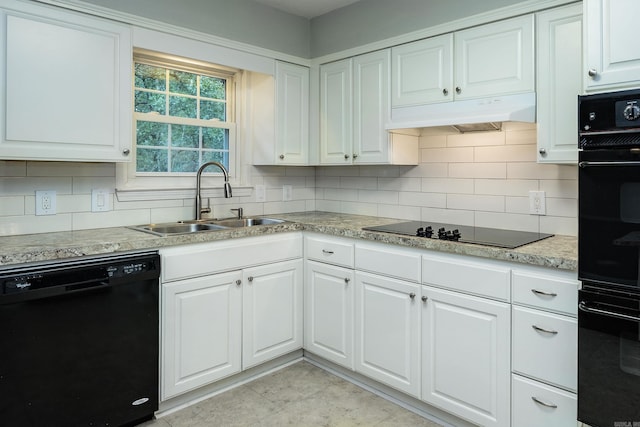 kitchen featuring sink, white cabinetry, tasteful backsplash, and black appliances