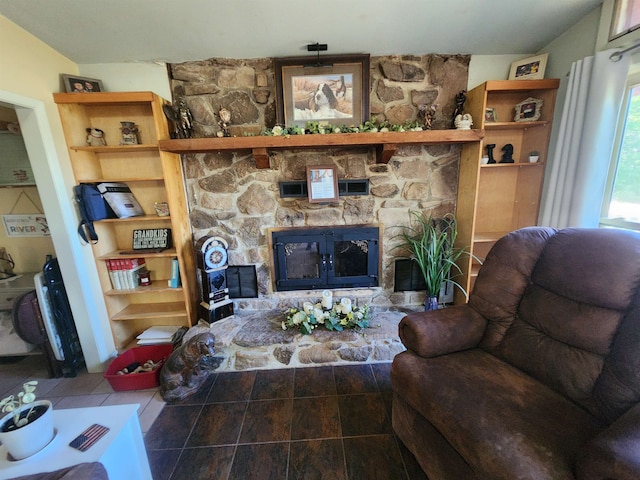 living room featuring a fireplace